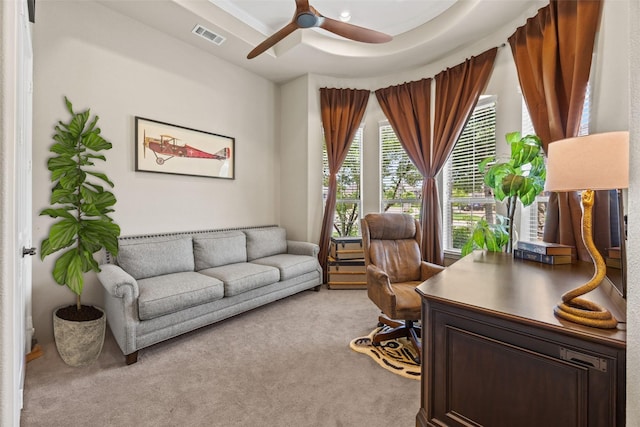 881 Derick Ln, Prosper, TX 75078 - home office featuring light colored carpet, ceiling fan, and a tray ceiling