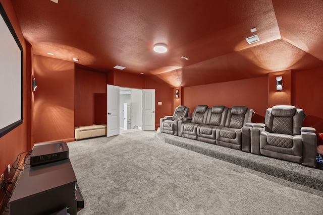 881 Derick Ln, Prosper, TX 75078 - carpeted cinema room with a textured ceiling and vaulted ceiling
