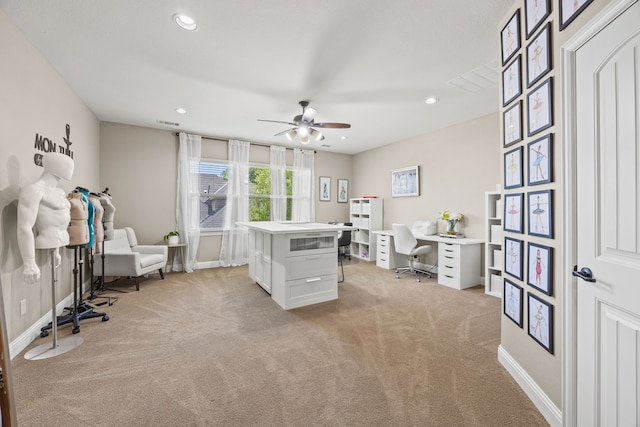 881 Derick Ln, Prosper, TX 75078 - office area with light colored carpet, a ceiling fan, and recessed lighting