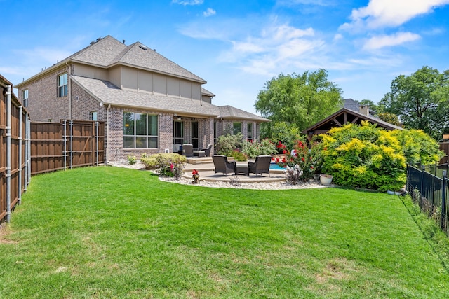 881 Derick Ln, Prosper, TX 75078 - rear view of property with a patio, board and batten siding, brick siding, a fenced backyard, and a shingled roof