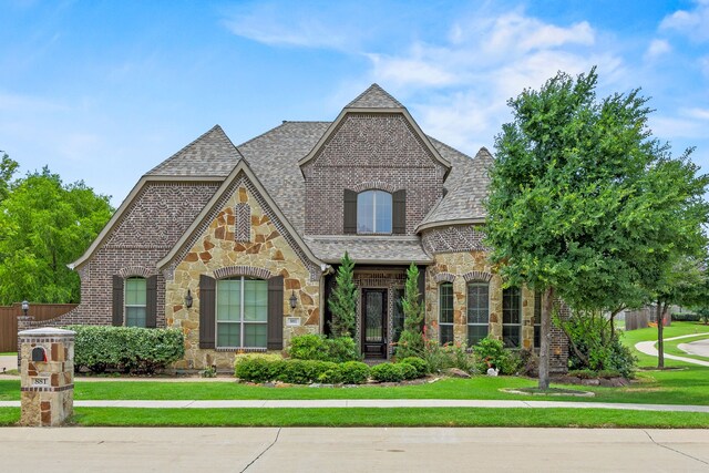 881 Derick Ln, Prosper, TX 75078 - french country style house featuring stone siding, a front yard, roof with shingles, and brick siding