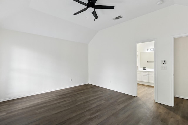 9942 Laurel Ln, Frisco, TX 75035 - unfurnished room with lofted ceiling, ceiling fan, dark wood-style floors, and a smoke detector