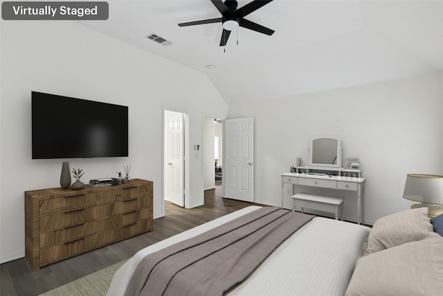 9942 Laurel Ln, Frisco, TX 75035 - bedroom featuring vaulted ceiling, wood finished floors, and ceiling fan