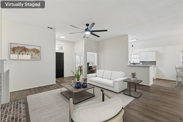 9942 Laurel Ln, Frisco, TX 75035 - living room with a ceiling fan, dark wood-style flooring, and recessed lighting