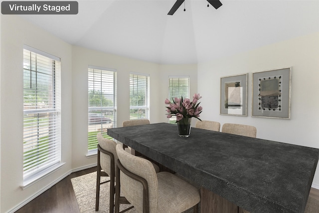 9942 Laurel Ln, Frisco, TX 75035 - dining space featuring healthy amount of natural light, dark wood finished floors, lofted ceiling, and a ceiling fan