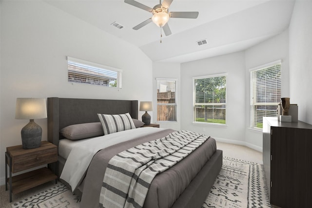 3516 Hathaway Ct, Irving, TX 75062 - bedroom featuring multiple windows, light colored carpet, a ceiling fan, and vaulted ceiling