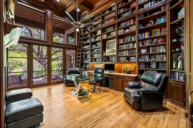 14516 Winnwood Rd, Addison, TX 75254 - office featuring wood finished floors, a high ceiling, built in features, coffered ceiling, and a wood ceiling with exposed beams
