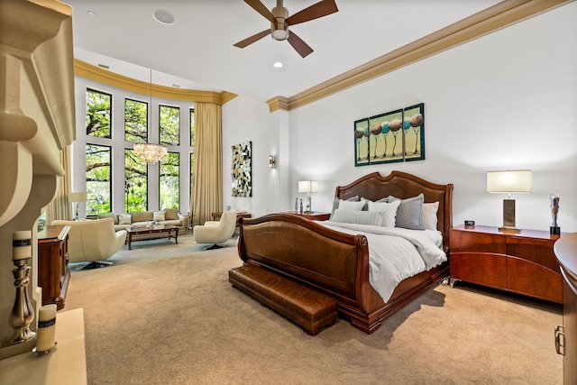 14516 Winnwood Rd, Addison, TX 75254 - carpeted bedroom featuring crown molding, recessed lighting, and a ceiling fan