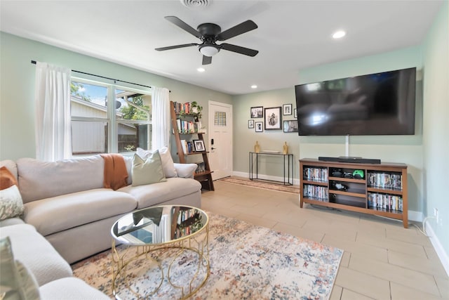 4912 Odessa Ave, Fort Worth, TX 76133 - tiled living area with a ceiling fan and recessed lighting