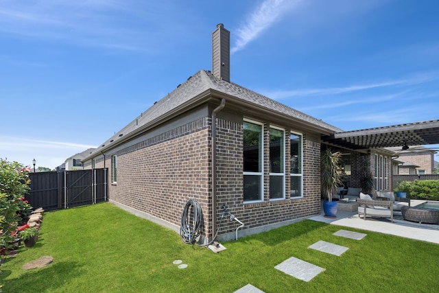1300 Carlet Dr, Little Elm, TX 75068 - view of property exterior featuring brick siding, a patio area, a chimney, an outdoor living space, and ceiling fan