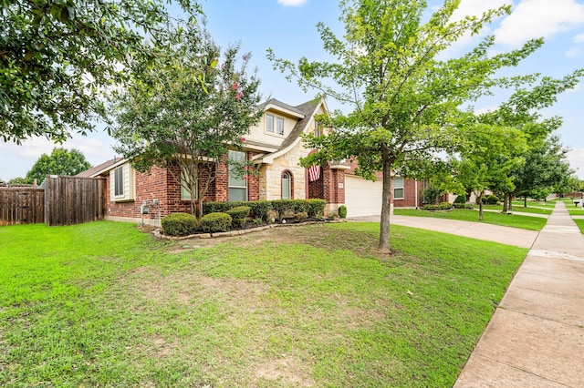 8225 Courtney Way, Watauga, TX 76148 - view of property hidden behind natural elements with concrete driveway, brick siding, a garage, and stone siding