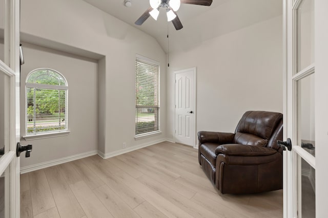8225 Courtney Way, Watauga, TX 76148 - sitting room featuring light wood-style flooring, a ceiling fan, and vaulted ceiling
