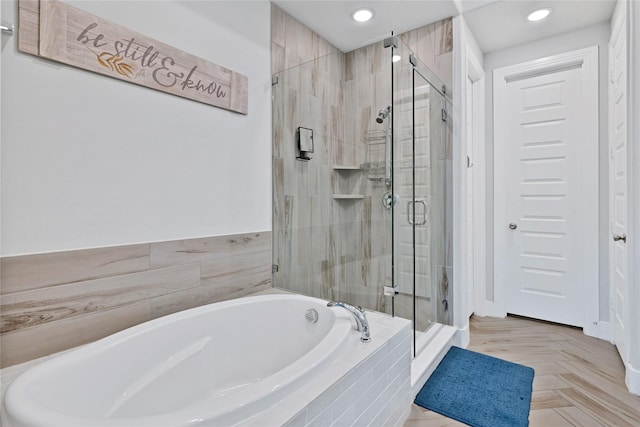 1429 Arrowwood Dr, Aubrey, TX 76227 - full bathroom with a bath, a stall shower, and recessed lighting