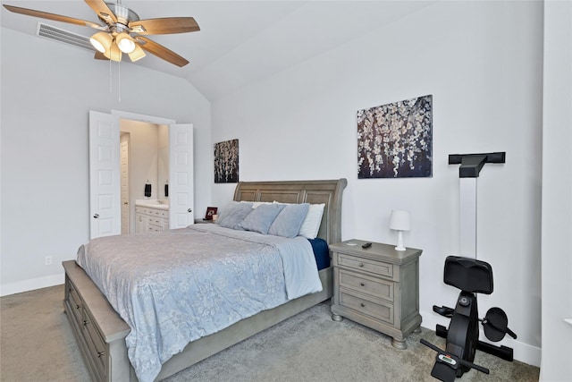 1429 Arrowwood Dr, Aubrey, TX 76227 - carpeted bedroom featuring vaulted ceiling, ensuite bathroom, and ceiling fan