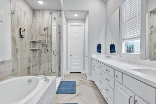 1429 Arrowwood Dr, Aubrey, TX 76227 - full bathroom featuring a shower stall, a garden tub, double vanity, and recessed lighting