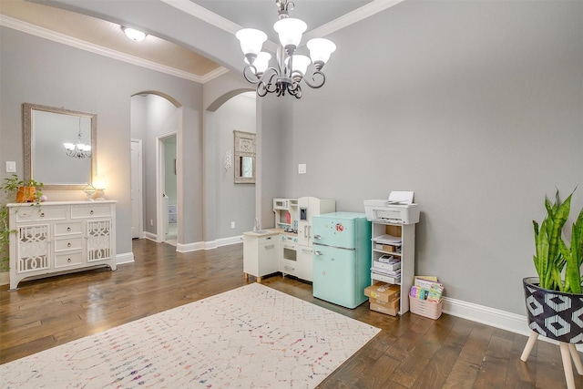 201 Saxon St, Waxahachie, TX 75165 - office with arched walkways, a chandelier, crown molding, and dark wood-style flooring