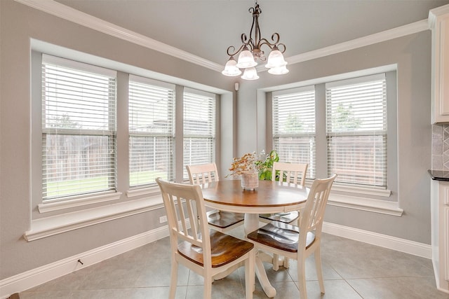 201 Saxon St, Waxahachie, TX 75165 - dining room with ornamental molding, plenty of natural light, light tile patterned floors, and a chandelier