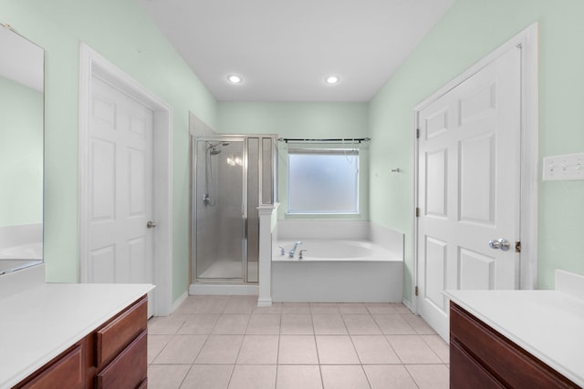 905 Austin Acre, Sulphur Springs, TX 75482 - bathroom featuring vanity, a bath, a stall shower, and tile patterned flooring