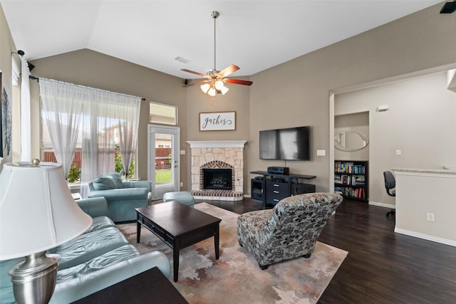 209 Willet Ct, Little Elm, TX 75068 - living room with wood finished floors, lofted ceiling, ceiling fan, and a stone fireplace