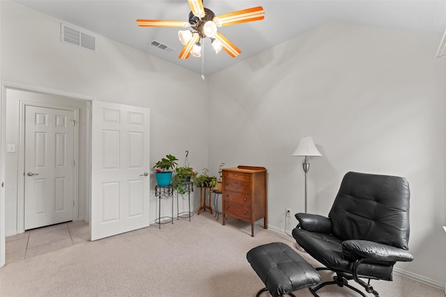 209 Willet Ct, Little Elm, TX 75068 - living area with light colored carpet, ceiling fan, and high vaulted ceiling