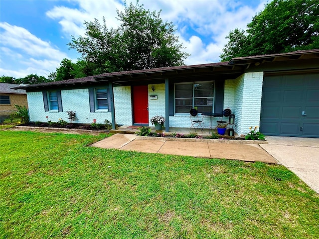 128 Robert St, Burleson, TX 76028 - view of front of home with brick siding, an attached garage, a porch, a front yard, and driveway