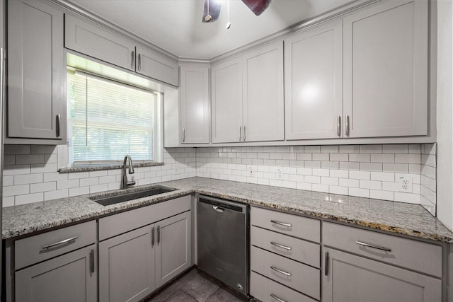 612 Elm St, Hurst, TX 76053 - kitchen featuring stainless steel dishwasher, gray cabinets, tasteful backsplash, and light stone counters