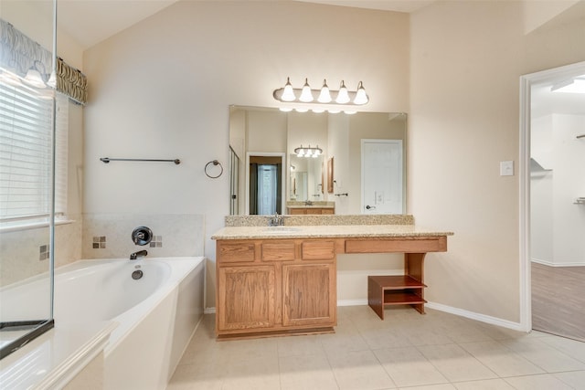505 Glacier St, Desoto, TX 75115 - full bathroom with a bath, vanity, tile patterned floors, and vaulted ceiling
