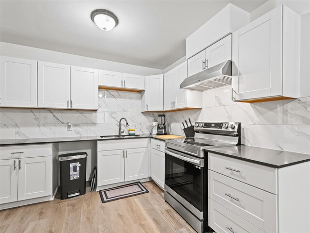 4235 Bonnie View Rd, Dallas, TX 75216 - kitchen featuring stainless steel electric range, extractor fan, white cabinetry, and tasteful backsplash