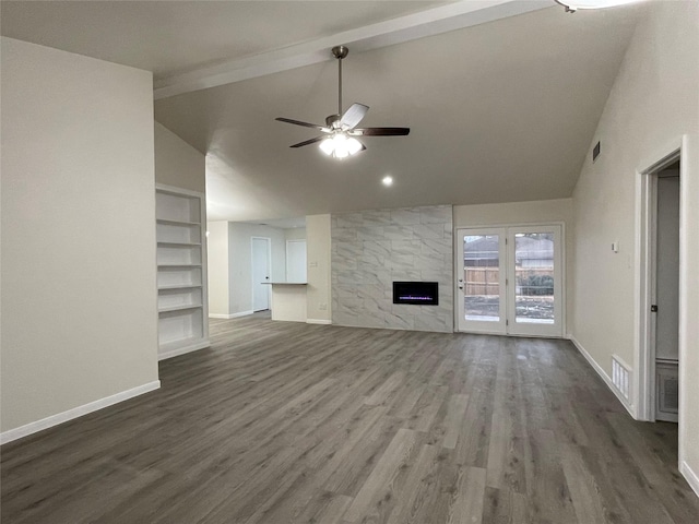 2113 Glencrest Ln, Garland, TX 75040 - unfurnished living room with a ceiling fan, a fireplace, dark wood-type flooring, beamed ceiling, and built in features