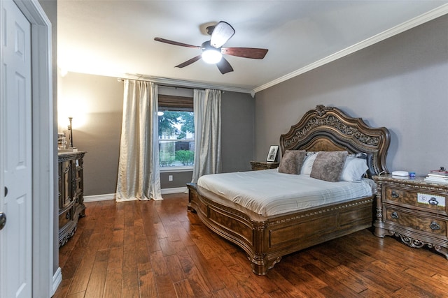 1504 Vista Bend Dr, Allen, TX 75002 - bedroom with dark wood finished floors, ornamental molding, and ceiling fan