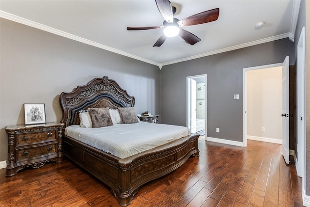 1504 Vista Bend Dr, Allen, TX 75002 - bedroom featuring dark wood-style flooring, crown molding, ceiling fan, and connected bathroom