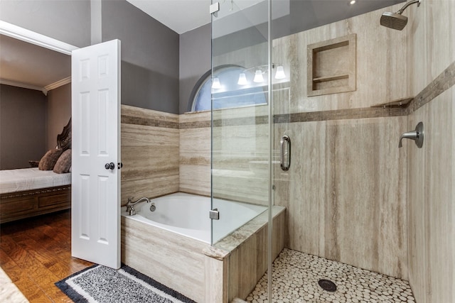 1504 Vista Bend Dr, Allen, TX 75002 - bathroom featuring a garden tub, a stall shower, ensuite bath, and ornamental molding