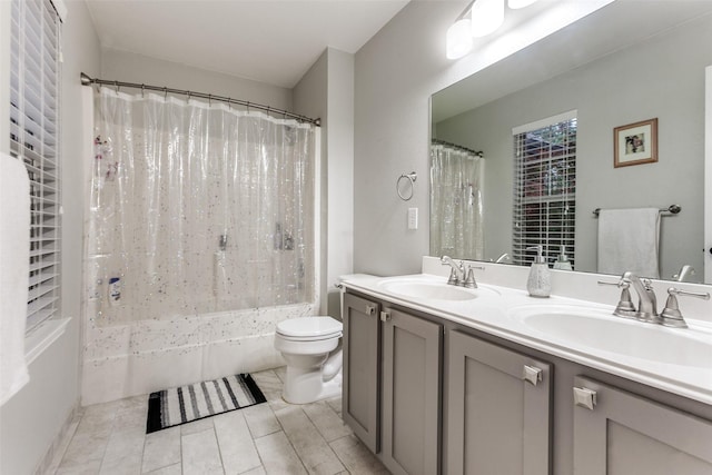 1504 Vista Bend Dr, Allen, TX 75002 - bathroom with shower / bath combination with curtain, double vanity, and tile patterned floors