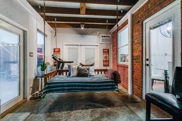 1504 Vista Bend Dr, Allen, TX 75002 - corridor featuring brick wall, beamed ceiling, and concrete flooring