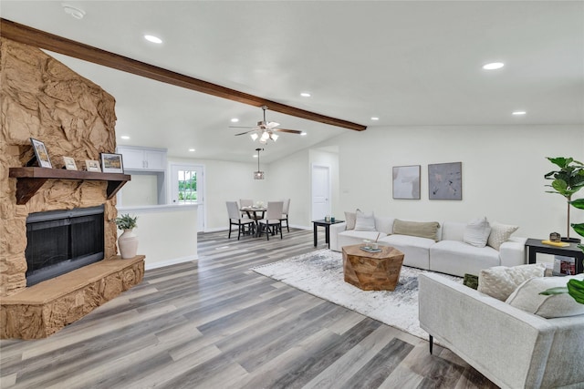 2525 Country Meadow Ln, Wylie, TX 75098 - living room featuring wood finished floors, recessed lighting, a fireplace, and ceiling fan