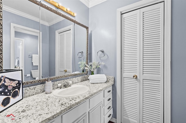 10030 Alondra St, Shreveport, LA 71115 - bathroom featuring a closet, vanity, and crown molding