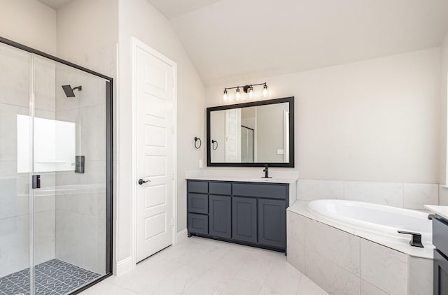 7050 Champion Rd, Midlothian, TX 76065 - full bath with vanity, a garden tub, a stall shower, and vaulted ceiling