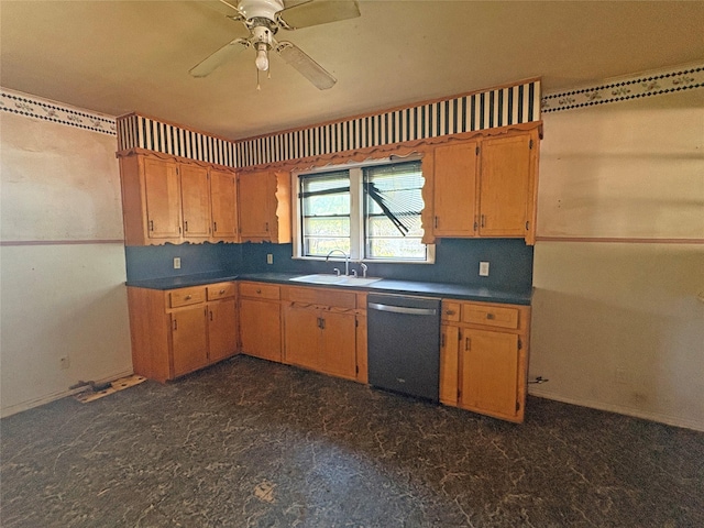 607 Baylor St, Nocona, TX 76255 - kitchen with dishwasher, a ceiling fan, and dark countertops