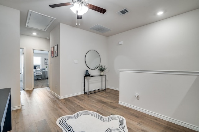 2016 Saddle Way, Mesquite, TX 75149 - spare room featuring attic access, ceiling fan, wood finished floors, recessed lighting, and a desk