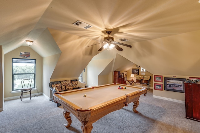 3231 Mccarver Ct, Midlothian, TX 76065 - recreation room featuring carpet floors, pool table, vaulted ceiling, and a ceiling fan