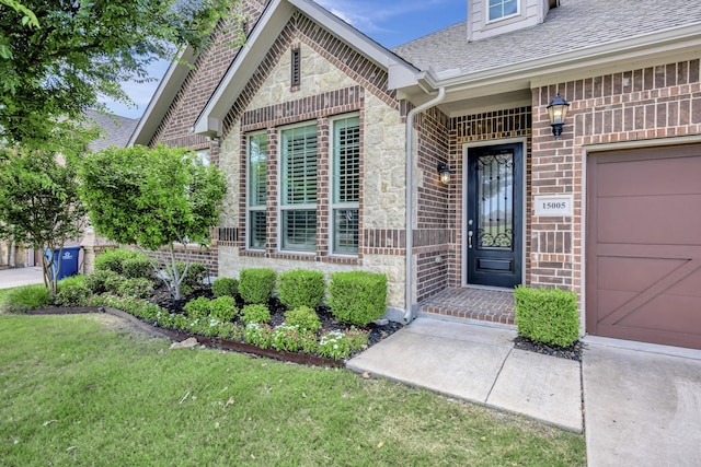 15005 Teasley Ave, Aledo, TX 76008 - doorway to property featuring roof with shingles, a yard, brick siding, and stone siding