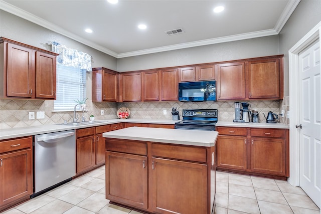3504 Brookside Dr, Wylie, TX 75098 - kitchen with black appliances, crown molding, light tile patterned floors, tasteful backsplash, and light countertops