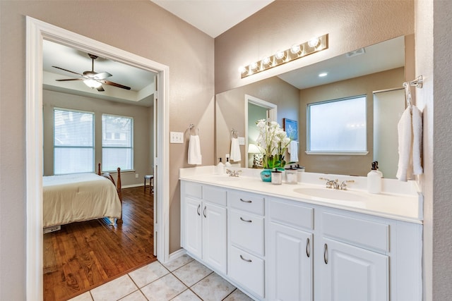 3504 Brookside Dr, Wylie, TX 75098 - full bath featuring double vanity, a ceiling fan, tile patterned flooring, and ensuite bathroom