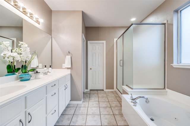3504 Brookside Dr, Wylie, TX 75098 - full bath featuring double vanity, a garden tub, a stall shower, tile patterned floors, and healthy amount of natural light