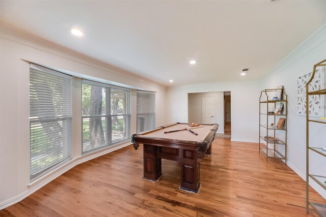 5820 Forest Ln, Dallas, TX 75230 - playroom featuring billiards, crown molding, light wood-style flooring, and recessed lighting