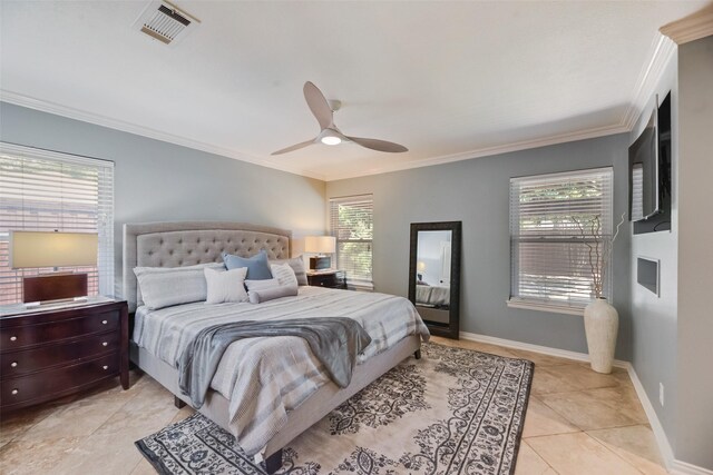 5820 Forest Ln, Dallas, TX 75230 - bedroom featuring multiple windows, crown molding, light tile patterned flooring, and a ceiling fan