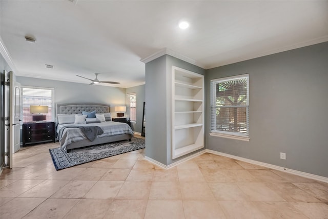 5820 Forest Ln, Dallas, TX 75230 - bedroom with crown molding, light tile patterned floors, and a ceiling fan