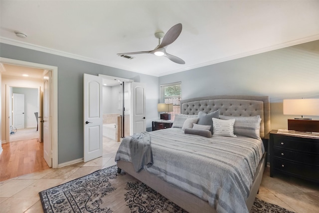 5820 Forest Ln, Dallas, TX 75230 - bedroom featuring ornamental molding, light tile patterned floors, a ceiling fan, and ensuite bathroom