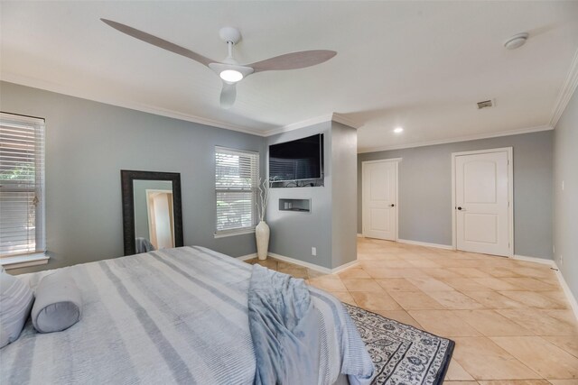 5820 Forest Ln, Dallas, TX 75230 - bedroom with ornamental molding, light tile patterned flooring, and a ceiling fan