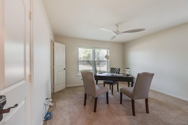 5820 Forest Ln, Dallas, TX 75230 - dining area featuring light colored carpet, ceiling fan, and an office area